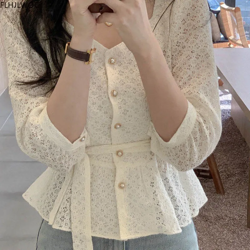 Hollow Out Crochet Lace Chic Short Crop Tops Cute Lolita Sweet Girls Peplum Lace-Up Bow Tie Blouse Single Breasted Button Shirt