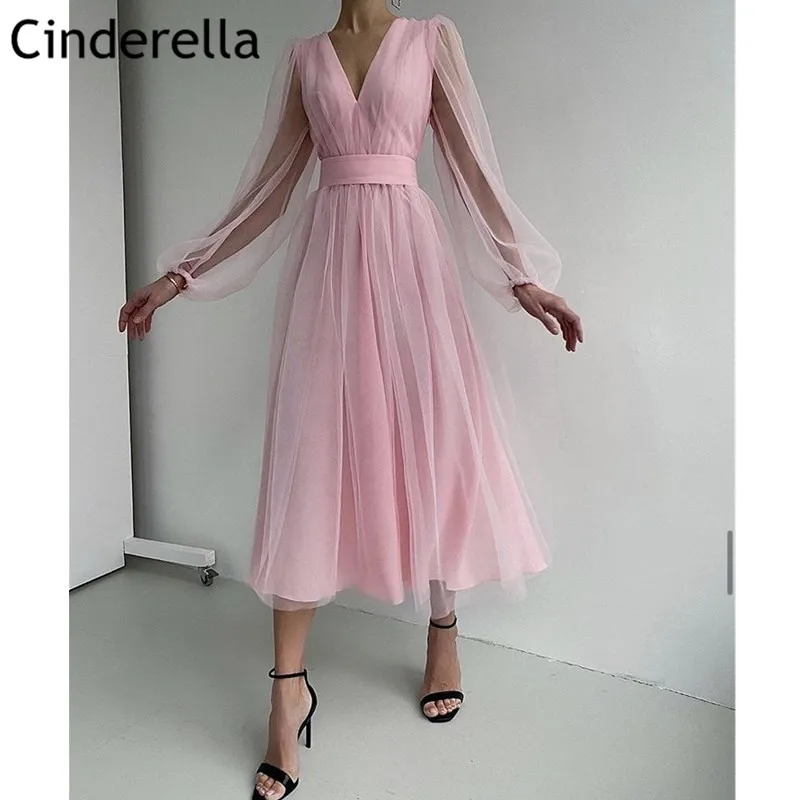

Pink Prom Dresses V-Neck Long Sleeves Soft Tulle A-Line Prom Gown Ankle Length Dress vestidos de fiesta de noche