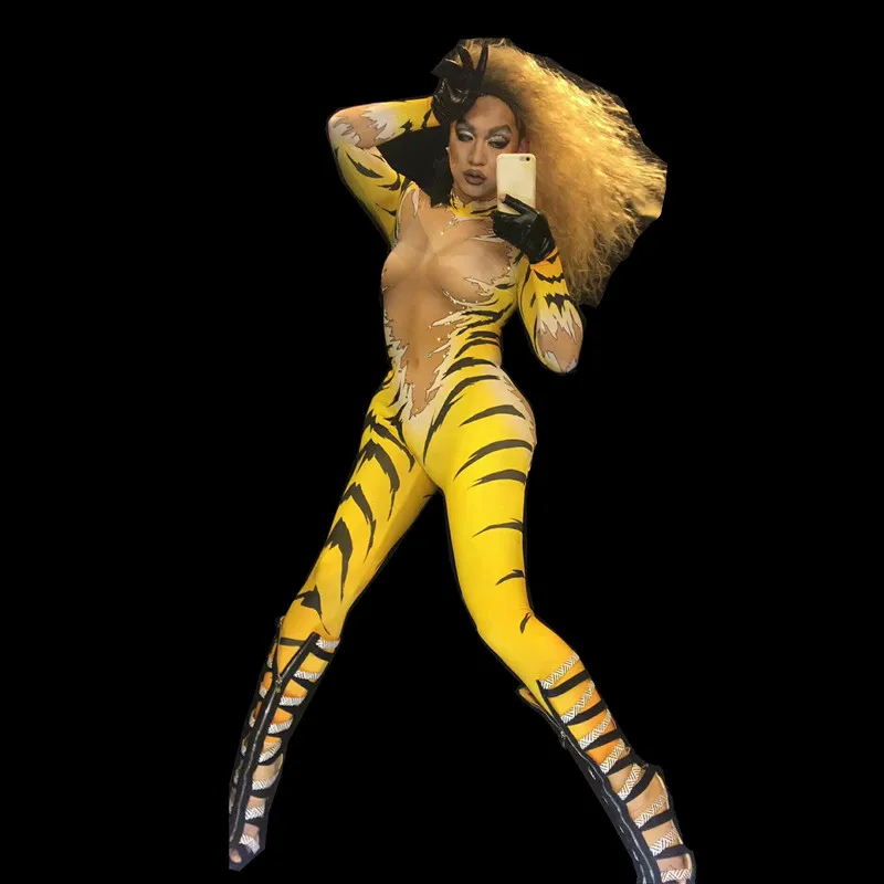 

Women Personalized Tiger Skin Pattern Bodycon Leotard Female Fashion Long Sleeves Performance Costumes Women's Nightclub DS Wear