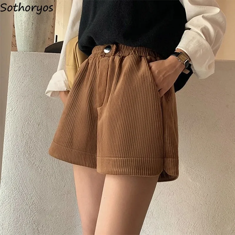 Women Shorts Corduroy ThickeningThicker Crimping Warm All Match Fashion Leisure Korean Style Soft Elegant Chic Solid Empire