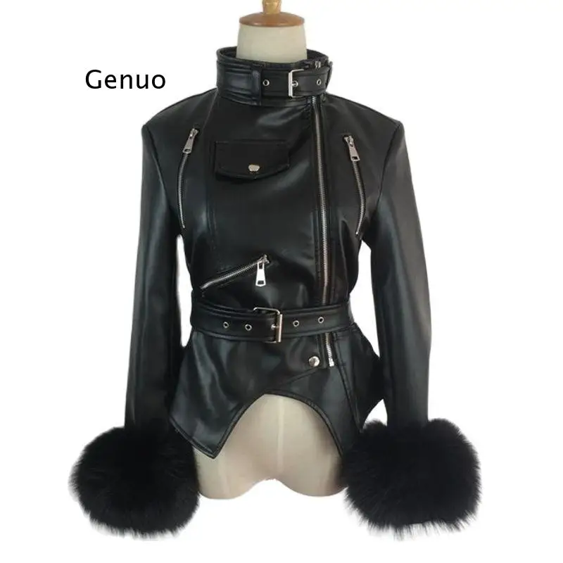 

PU leather Jacket Women Winter Black Padded Warm Punk Outerwear Fashion Motorcycle Female Coat Fur Sleeves Windbreaker