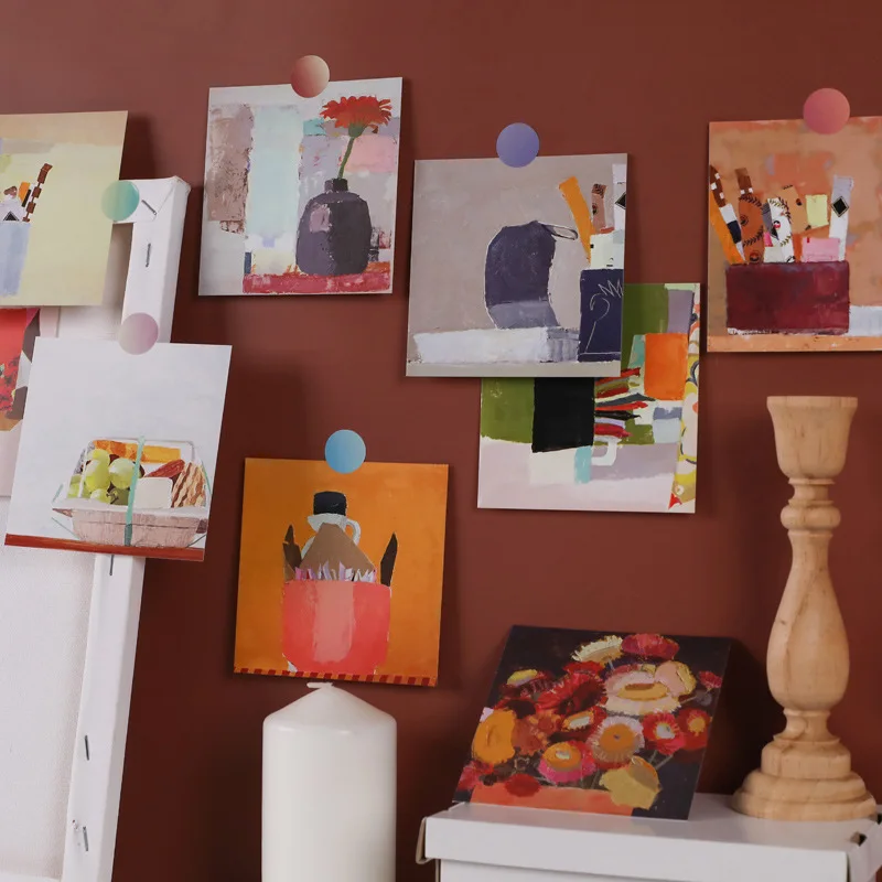 Ins pintura a óleo moderna simples, cartão decorativo, 9 folhas, foto colorida, adereço para quarto, faça você mesmo, adesivo de parede, cartão quadrado, marcadores de livros
