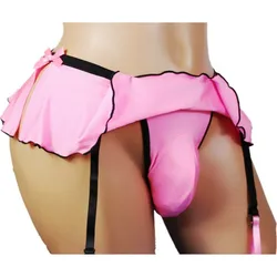 Tangas saia masculina sexy moda babados decoração briefs tangas 4 alças suspender meia clipe roupa interior sissy calcinha gay