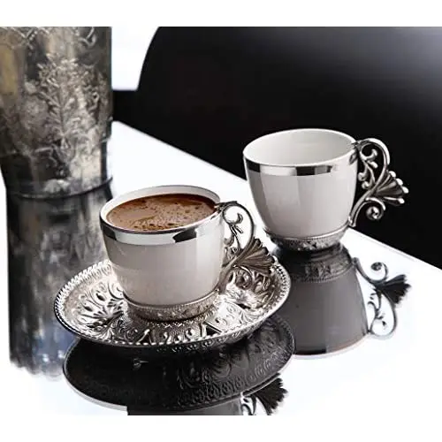 Fancy Turkish Coffee Cup Saucers Set of 6, Porcelain 4 oz. Turkish Coffee Set, Espresso Cup Set, Greek Coffee, Demitasse Coffee