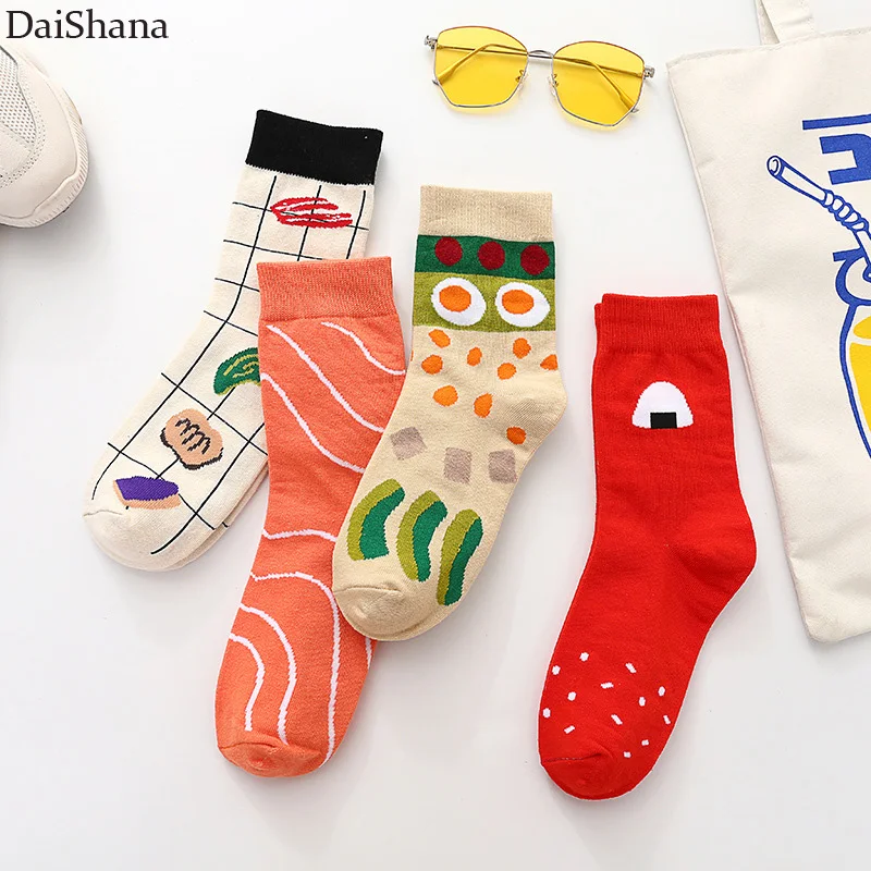 

1Pair Women Socks Japanses/Korean Style Novelty Cute Barbecue Sushi Salmon Barbecue Salad BBQ Food Cartoon Colorful Socks Kawaii