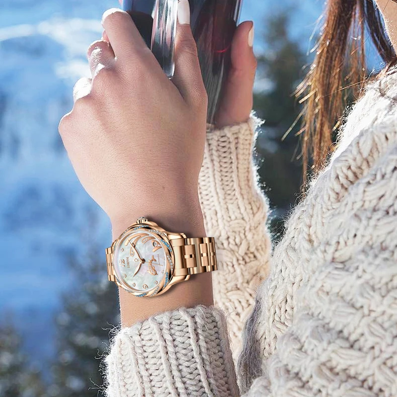 LOBINNI 2021, лучший бренд, роскошные женские автоматические механические часы, корпус из розового золота, браслет с бриллиантовым циферблатом, женские часы, часы с датой