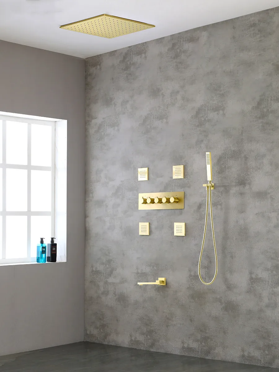 Bathroom Shower Faucet Set Wall Concealed Thermostatic Brush Gold Square Brass Ceiling Rainfall Shower Faucet