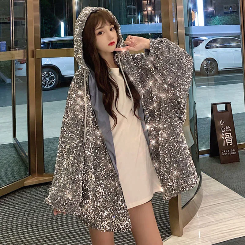 Outerwear Sequins Fashion Hooded Women Cotton Jacket 2024 Winter New Large Size Thick Loose Korean Women\'s Cotton Jacket JK244