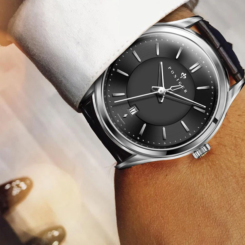 PONIGER, reloj de lujo de cuero genuino con cristal de zafiro resistente al agua, movimiento MIYOTA, reloj mecánico automático para hombre con fecha