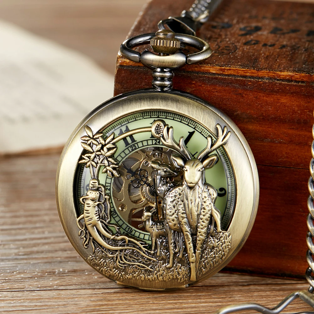 

Hollow Luminous Deer Skeleton Mechanical Pocket Watch Double Open Cover Fob Chain Gift Men Steampunk Pendant Gifts Women