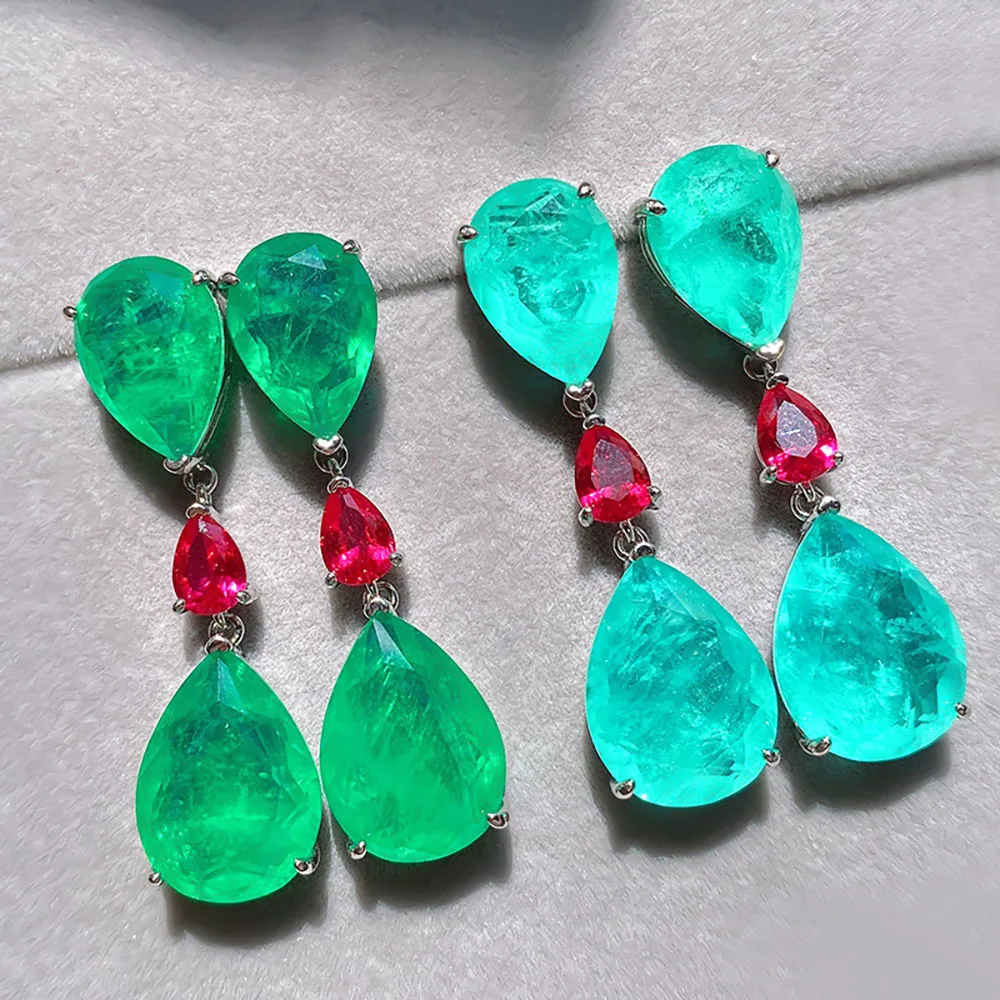 Charms Vintage Paraiba Tourmaline Emerald Gemstone Drop Big Earrings for Women Wedding Earrings Fine Jewelry Accessories Gift