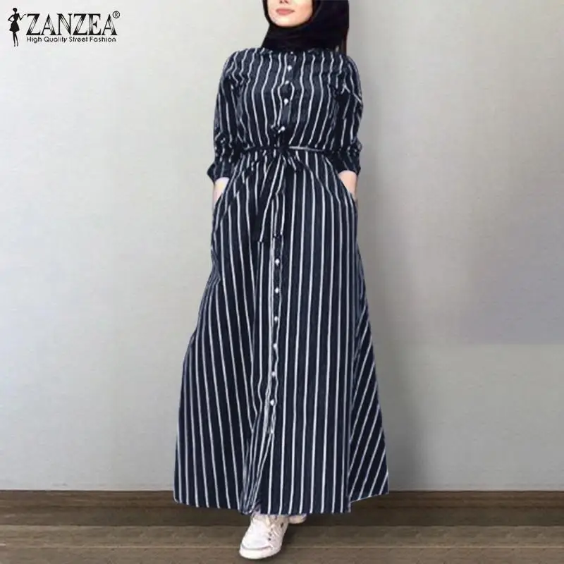 Casual Turkey Abaya Hijab Dress ZANZEA Vintage Women Muslim Dress Fashion Lapel Neck Long Sleeve Striped Shirt Dress Femme Robe