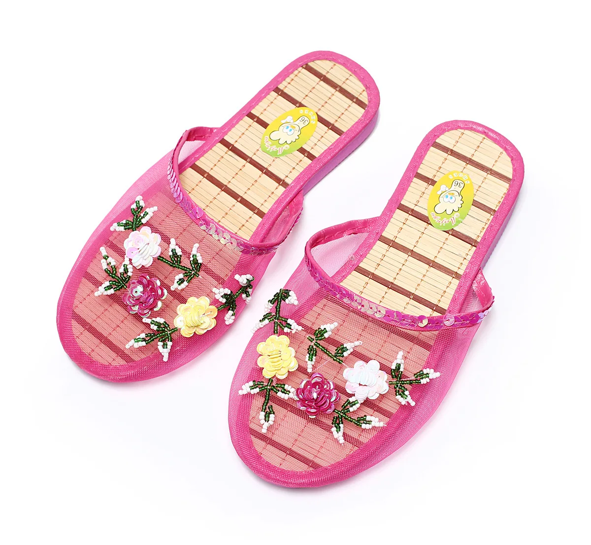 Zapatillas de interior con lentejuelas para mujer, zapatos planos, chanclas de playa de malla hueca de verano, chanclas informales Baotou creativas de malla de flores