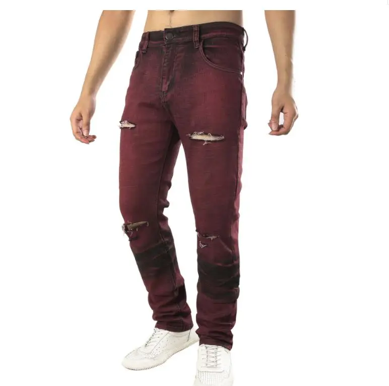 

Biker Men's Red Jeans Slim Holes Ripped Distressed Stretch Denim Pants Men Hip Hop Trousers Size 40 42 Dropshipping