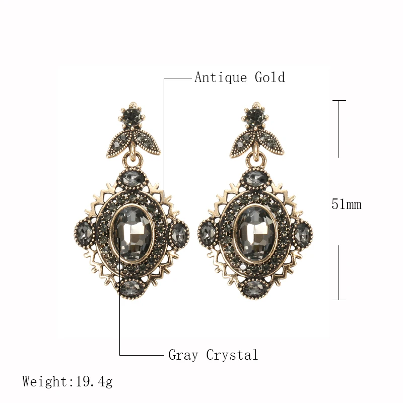 Wbmqda Luxury Gray Crystal Bridal Earrings For Women Antique Gold Color Beach Party Drop Earrings 2020 New Vintage Jewelry