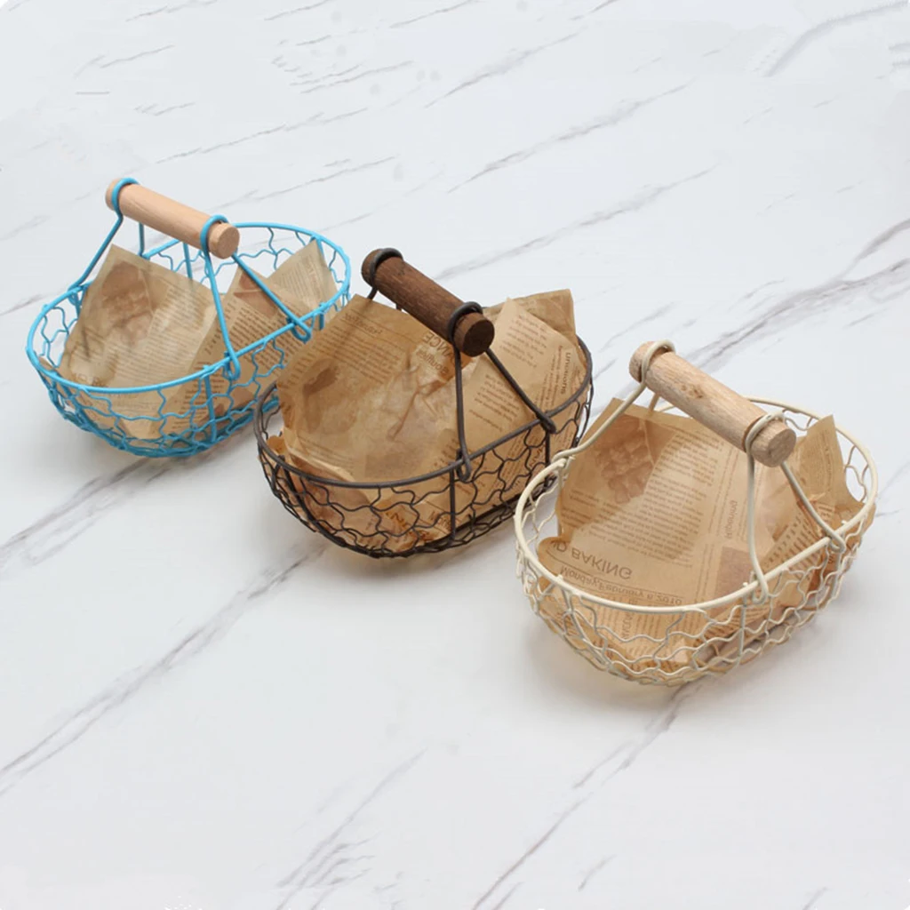 Wooden Handle Metal Retro Basket Portable Bread Vegetable Fruit Egg Serving Storage Basket with Handle Tray for Kitchen