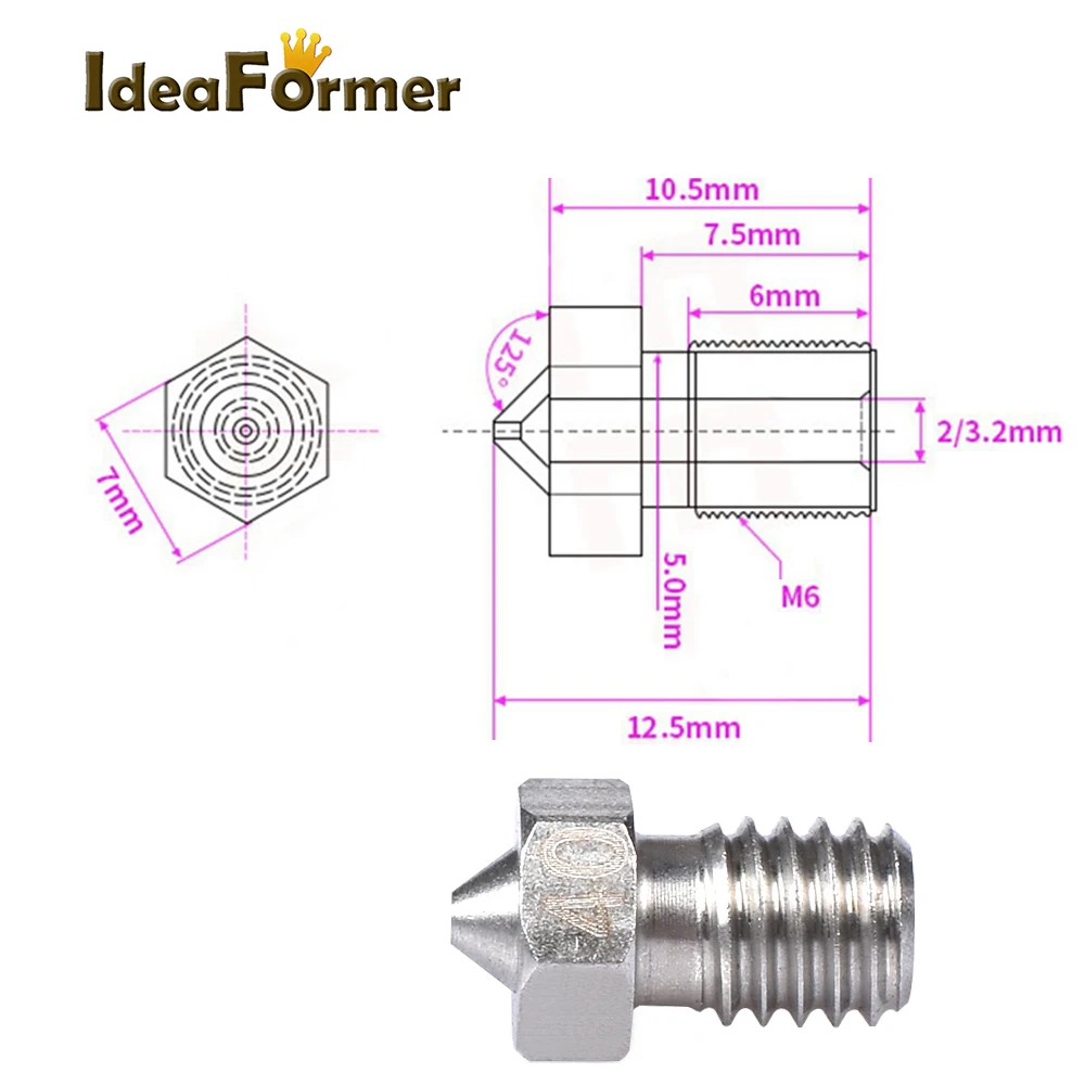 2pcs V6 Stainless Steel Nozzle 0.2/0.25/0.3/0.4/0.5/0.6/0.8/1.0 mm M6 thread 1.75/3.00 MM Nozzle for 3D Printer E3D V6 Hotend