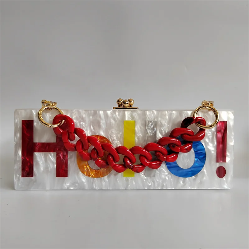 Pearl White Name Letter Hello  Acrylic Clutch Bags Party Evening  Purse Lady Flap Female  Perspex Bag Handbags for Women Wallet