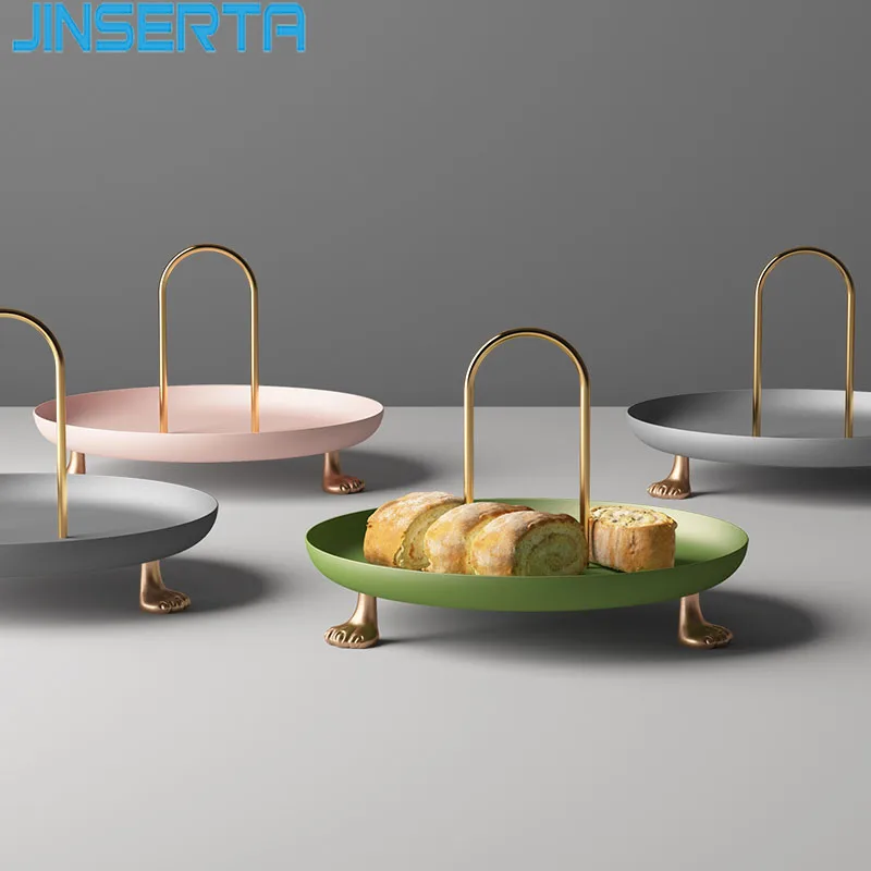 

JINSERTA Metal Storage Tray Jewelry Display Plate Luxury Dessert Fruit Cake Snack Plate with Handle Desktop Decor Tray