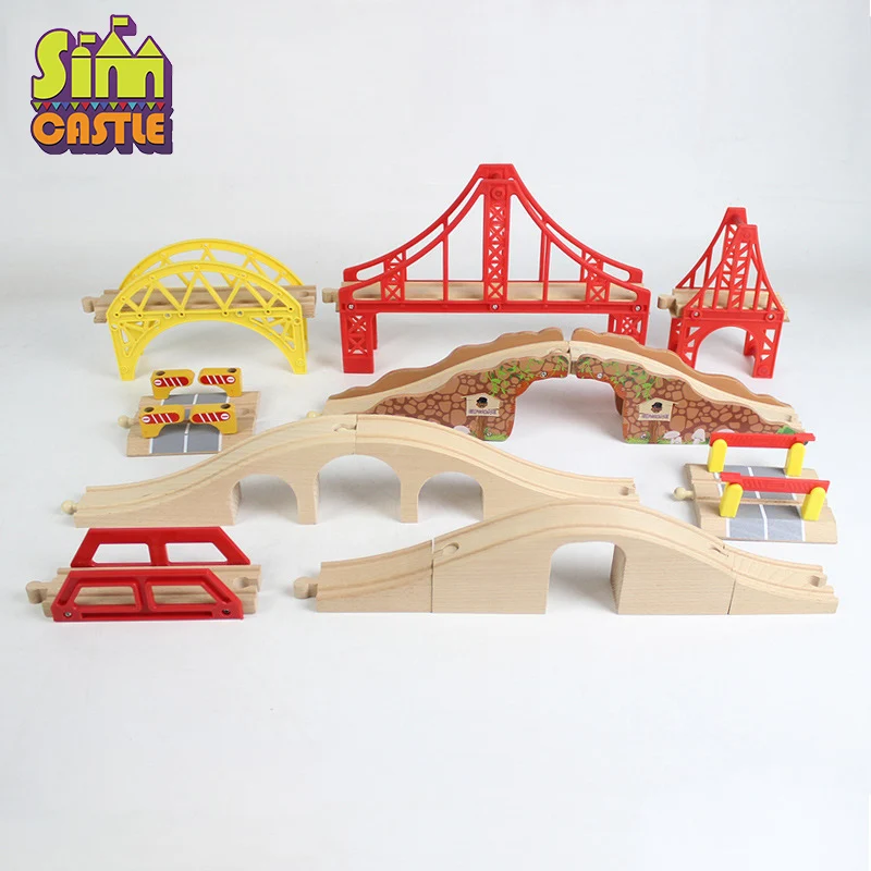 Wooden Track Railway Bridge Train Accessories Educational Toy Tunnel Cross Bridge Compatible Wood Block Track Toys for Children