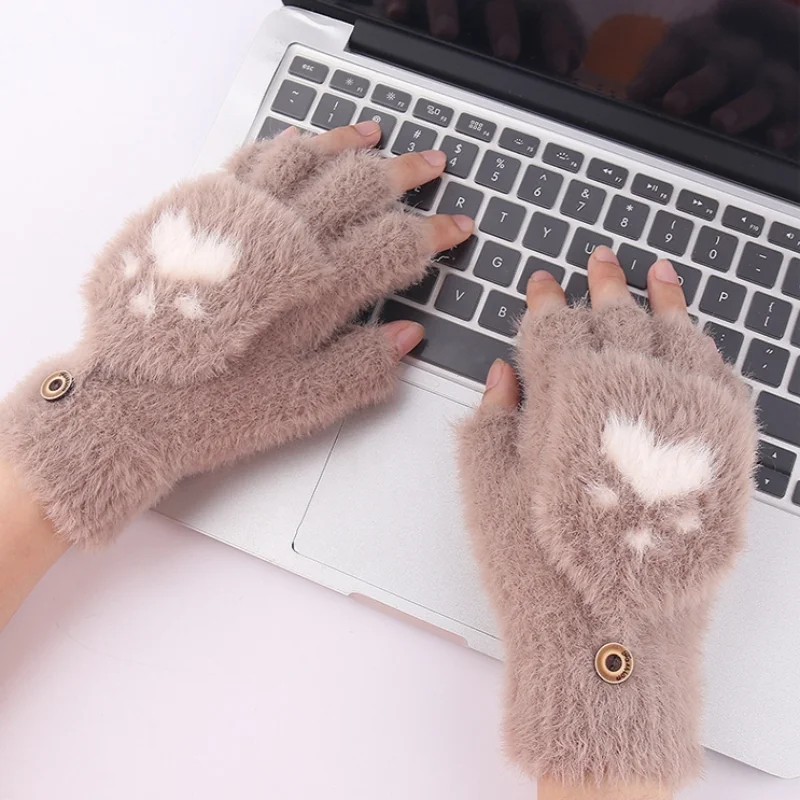 

Soft Mink Velvet Knitted Fingerless Flip Gloves Winter Warm Touchscreen Gloves for Women Exposed Cat Paw Finger Mittens Gloves