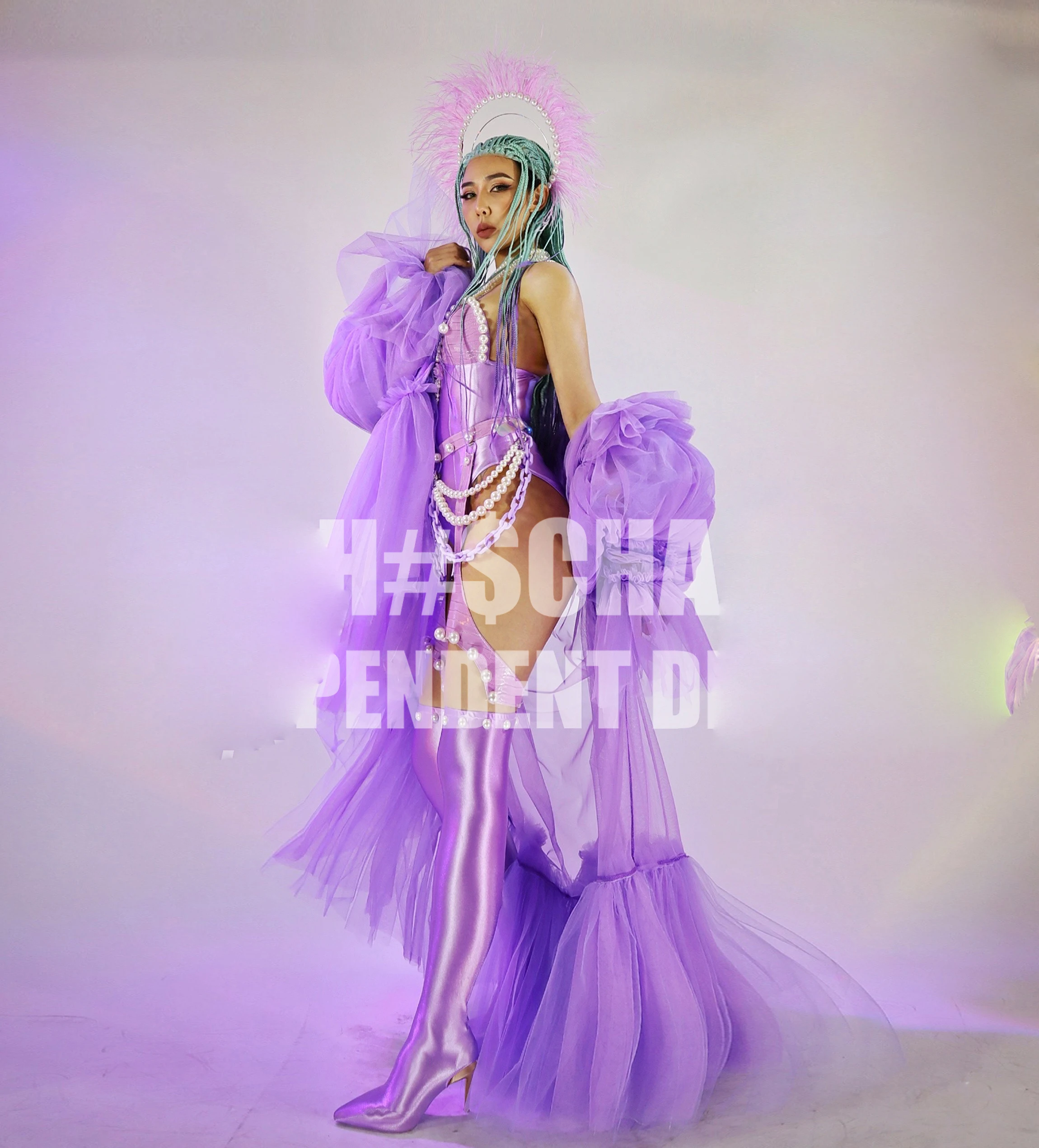 

technology show future cloth Nightclub bar GOGO female purple sexy cloak pearl DS costume