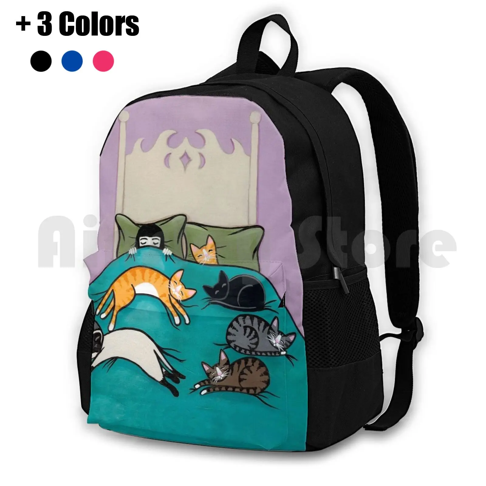 Bed Time With Cats Outdoor Hiking Backpack Riding Climbing Sports Bag Original Cat Folk Art Whimsical Bed Sleep Band Funny