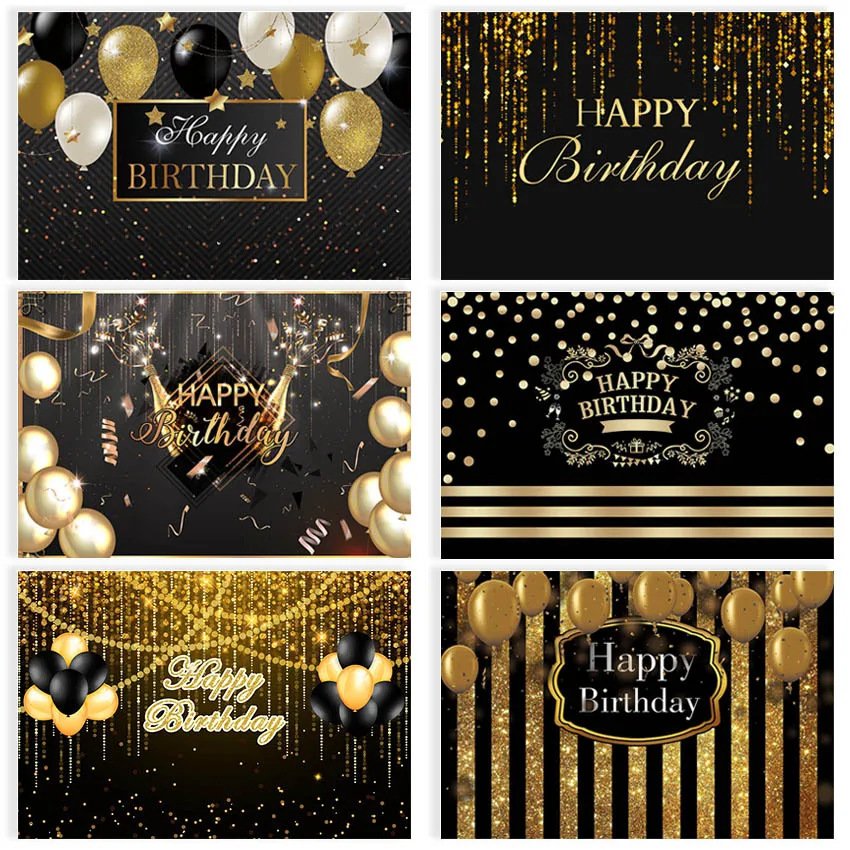 Happy Birthday Party Backdrop Black and Gold Glitter Balloons Background Sparkle Shining Dots Abstract Decoration Photo Booth