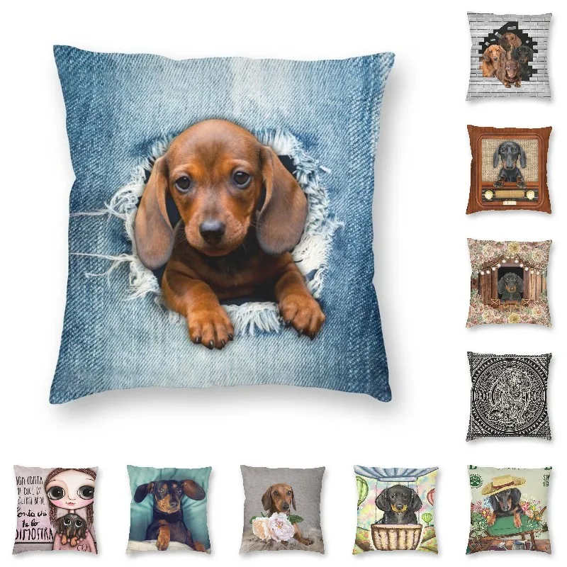 Cute Dachshund Dog Square Pillow Case Home Decorative Wiener Badger Sausage Cushions Cover Throw Pillow for Sofa Car Polyester