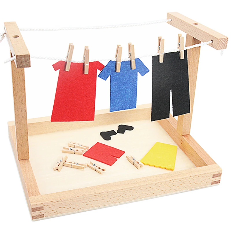 Baby Montessori Wooden DIY Mini Simulation Clothes Drying Frame Clothes Suit Toys for Children Basic Life Practice Training Toy