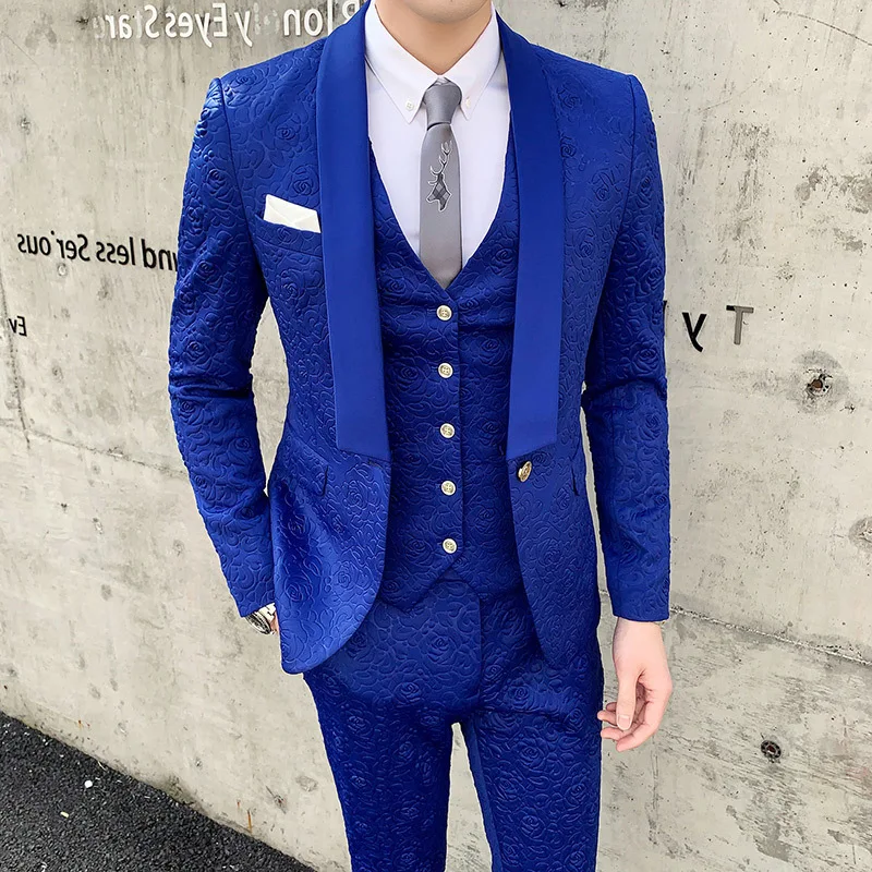 

Royal Blue Men Black Red White Rose Print Suits Wedding Tuxedo Smoking Homme Mariage Costume Luxury Mens Stylish 3pcs Suit