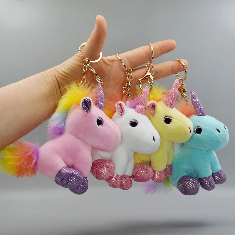 Kawaii Cartoon Rainbow Colors Plush Unicorn Doll Keychain Cute Fluffy Horse Key Ring On Bag Car Luggage Weding Party Toys Gift