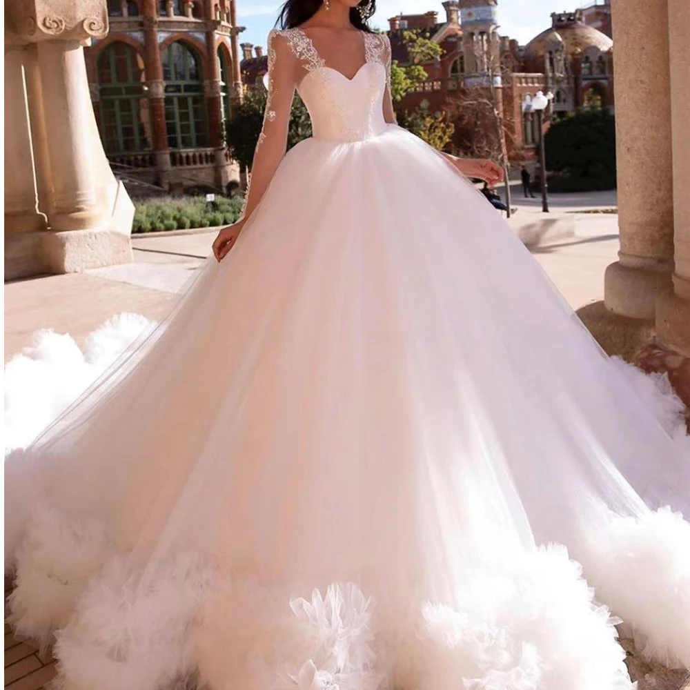 ball gown wedding dresses 2020 sweetheart long sleeve lace appliques ruffle tiered puffy bridal dresses