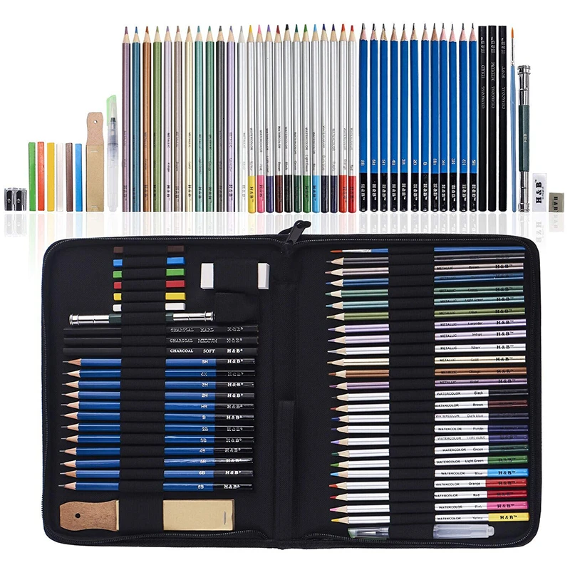 Premium 51 Piece Drawing Pencils, Colouring Pencils and Sketch Pencils Set with Drawing Tool in Pop Up Zipper Case - Ideal Gift