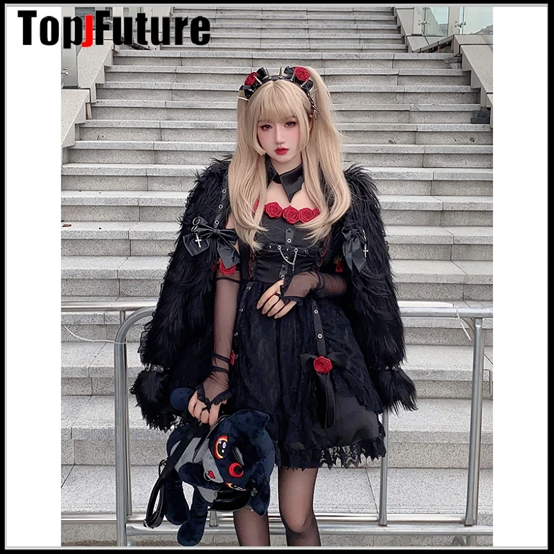 Harajuku Punk Gothic Lolita Y2K girl  fur furry pad Jacket Women\'s design streetwear clothes