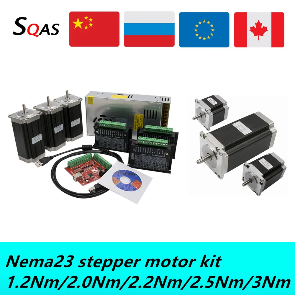 Nema23 stepper motor KIT 3 pcs 1.2Nm/2.0Nm/2.5Nm/3Nm DC motor+DM556/TB6600/DM542 motor driver+ power supply+MACH3 board for CNC