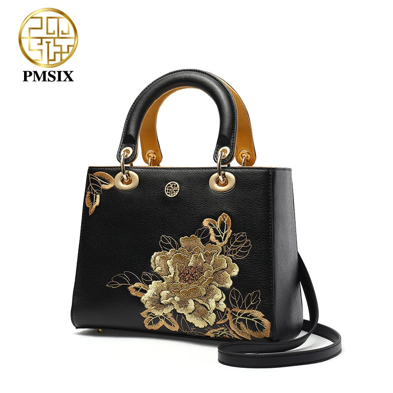 

PMSIX Embroidery Gold Flowers Genuine Leather Women Handbag Famous Brand Shoulder Bags Luxury Cowhide Ladies Tote Bag