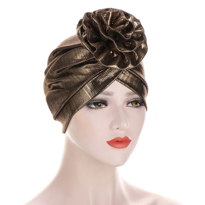 Imixlot New Fashion Shiny Silk Wrinkled Cloth Forehead Big Flower Turban Cap Women Muslim Stretch  Head Wrap Bonnet Hat