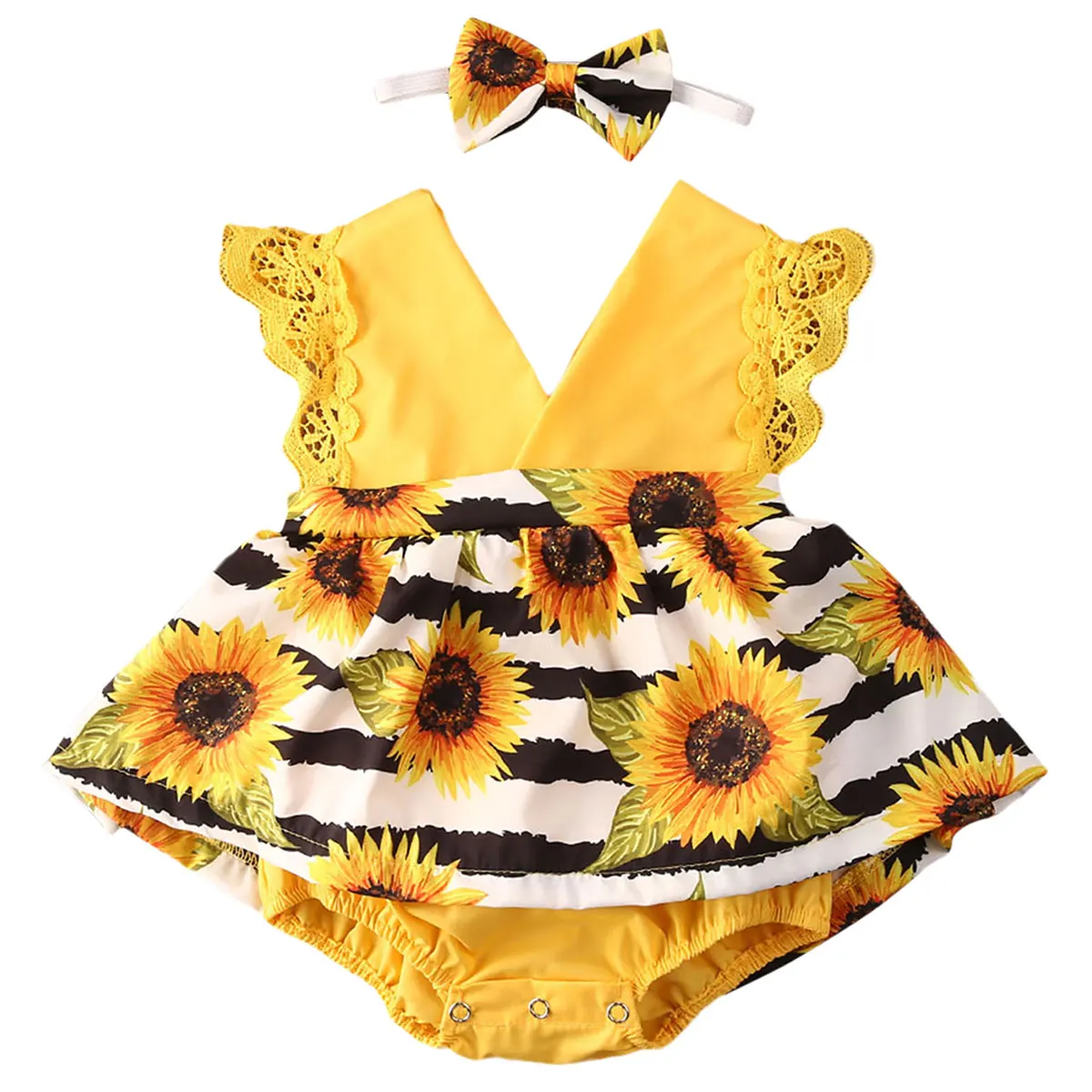 2021 Baby Summer Clothing Infant Newborn Baby Girls Sunflower Lace Bodysuits Dress Striped Jumpsuits Sleeveless Sunsuit Headband