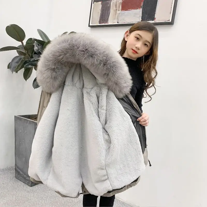 

2020 Winter CHildren Girls Faux Fur Liner Parkas Kids Girls Thick Warm Hooded Detachable Jacket Teenage Fashion Long Outwear K39