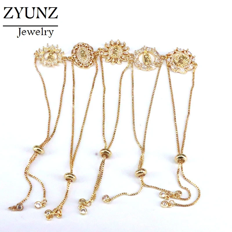 6PCS, Gold Color Jesus Religious CZ Adjustable Bracelet Women Gift in Different shape