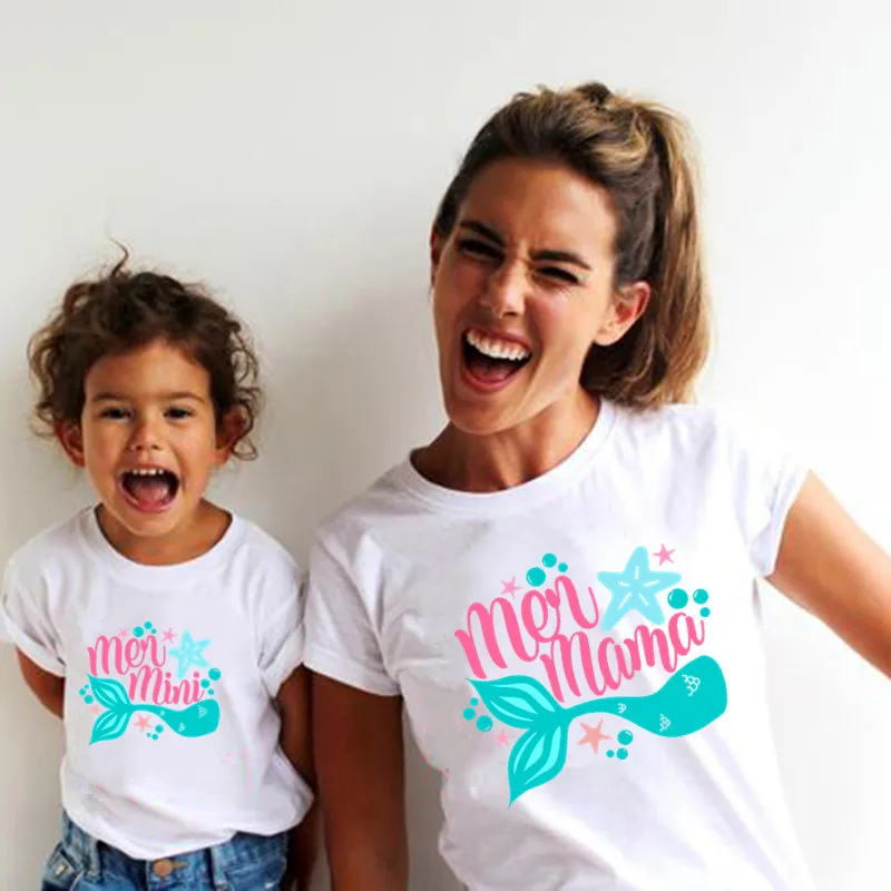 Cute Mermaid Mama and Mini Mother and Daughter Family Matching Clothes White Short Sleeve T-shirt Family Look