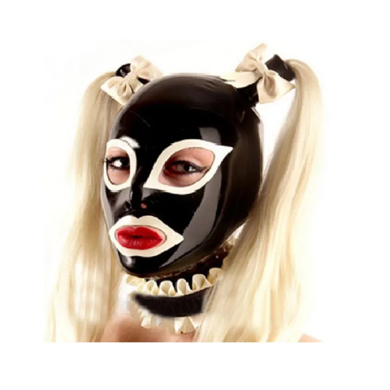 

Latex Hood Rubber Mask with Hairpieces Wigs Two Bunch Pony Tails Rear zipper Brown Blonde neck Frills Bows