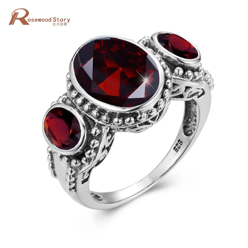 Red Stone Sterling Silver Rings 925 Garnet Gemstones White Gold Ring For Women Platinum Trendy Oval Fine Jewellry High Quality