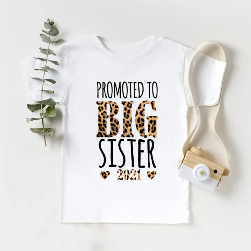 

Promoted To Big Sister 2021/ 2022 Print Leopard Girls T shirt Announcement Funny Kids Clothes Baby Children T-shirts,HKP5431