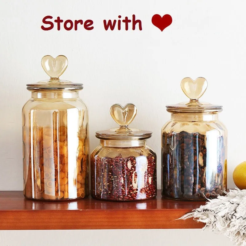 Transparent Heart Shaped Lid Glass Container Amber Glass Sealed Jars Coffee Bean Kitchen Food Storage Containers