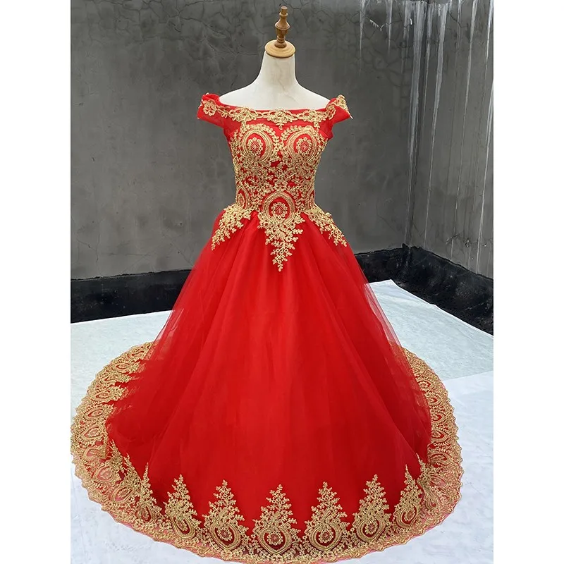 100% Real Photo สีแดง Quinceanera ชุดปิดไหล่ลูกไม้ดอกไม้ Prom Ball Gown Plus ขนาดที่กำหนดเอง Vestidos De quinceaneras