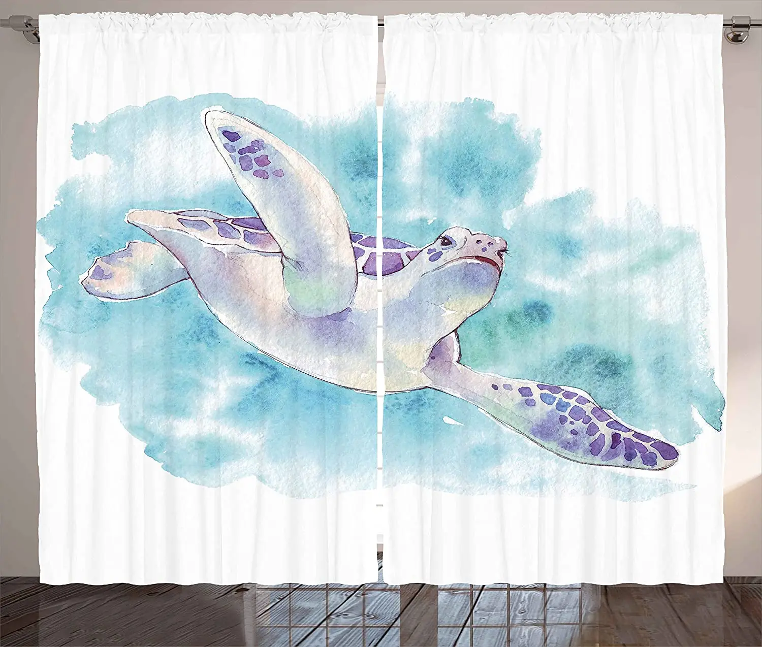 Ocean Curtains Turtle Swimming Sea Underwater Brushstroke Hazy Blurry Soft Watercolor Design Living Room Bedroom Window Drapes