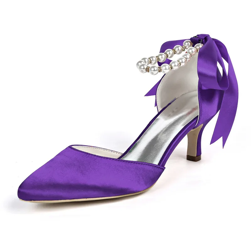 Kitten Heels Wedding Shoes for Bride Satin Pearls Pointed Toe Mid Heels Bridal Pumps Prom Evening Formal Party Dress Shoes