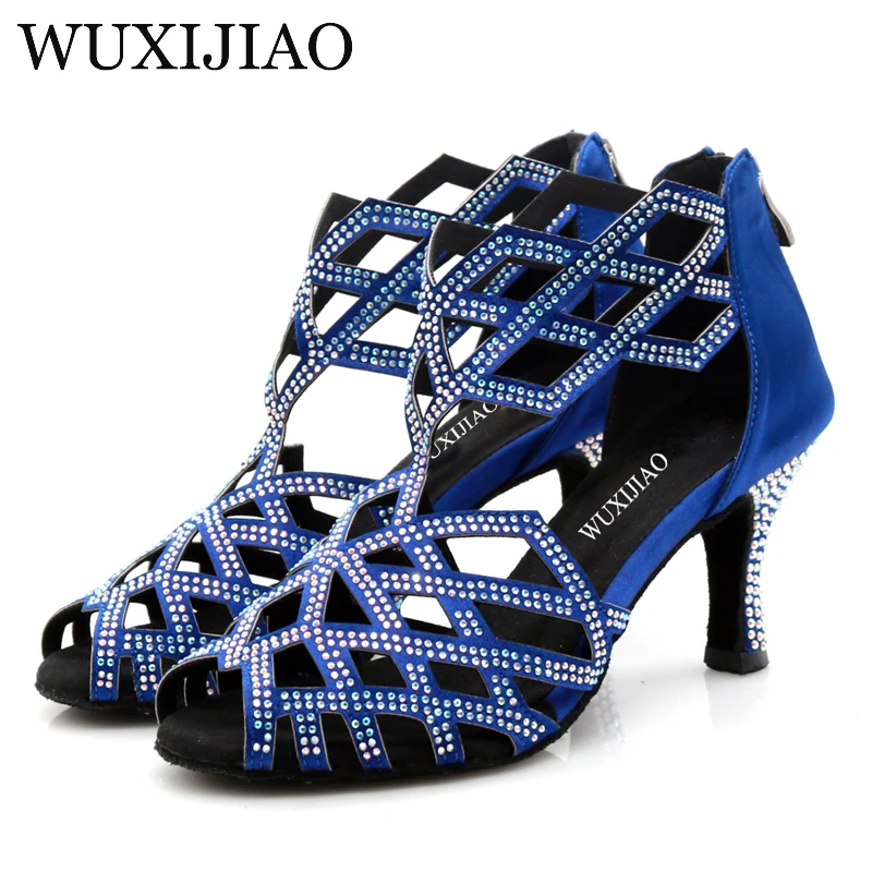 WUXIJIAO-Zapatos con diamantes de imitación negros para mujer, zapatillas de Jazz, zapatos de baile de tacón alto con diamantes de imitación, zapatos de baile latino